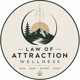 Law of Attraction Wellness emblem: a mountain, river, and sunrise inside a circle